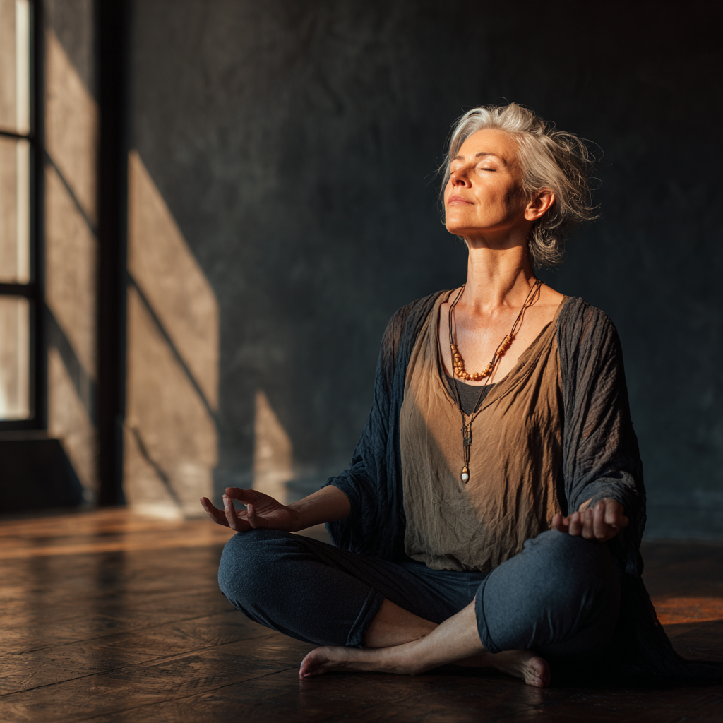 middle-aged woman practicing peaceful meditation in serene yoga studio