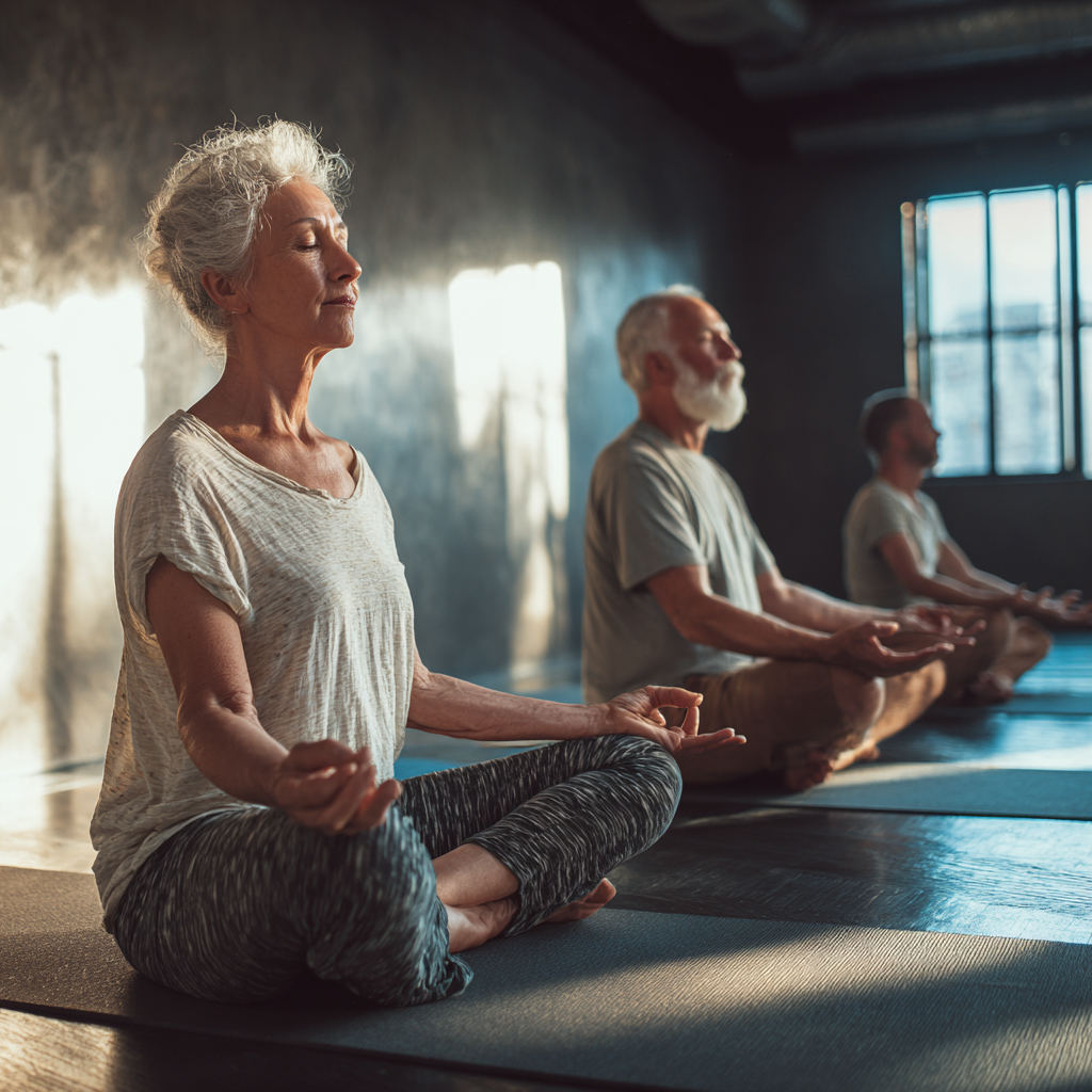 serene yoga practice room with mature practitioners in peaceful meditation poses